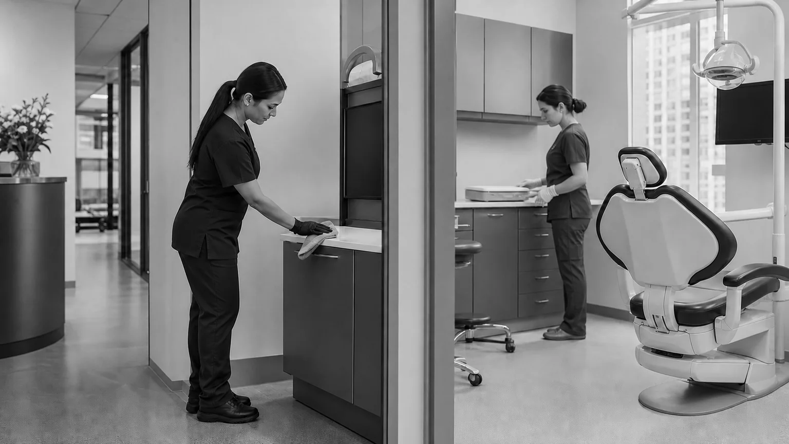 Cleaner working on approved environmental surfaces while clinical staff handle a separate closed tray in a dental office