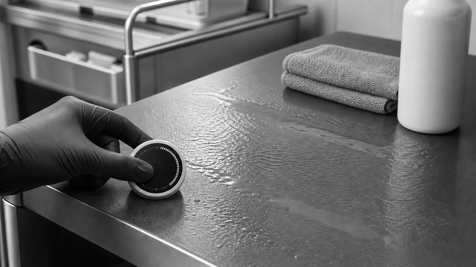 Gloved hand using a timer beside a medical office surface kept visibly wet with disinfectant