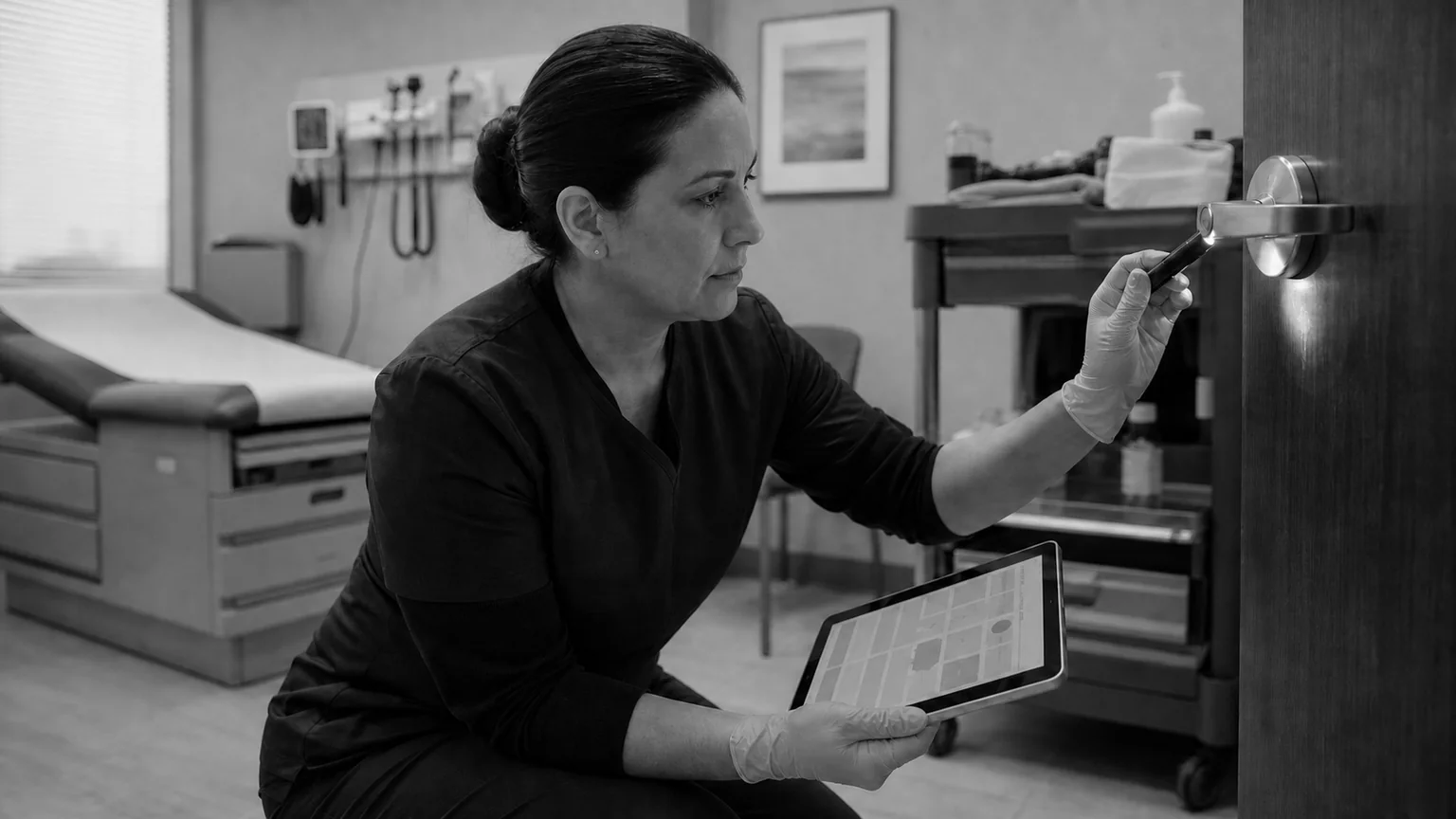 Medical cleaning supervisor inspecting a clinic door handle and recording quality-control results on a tablet