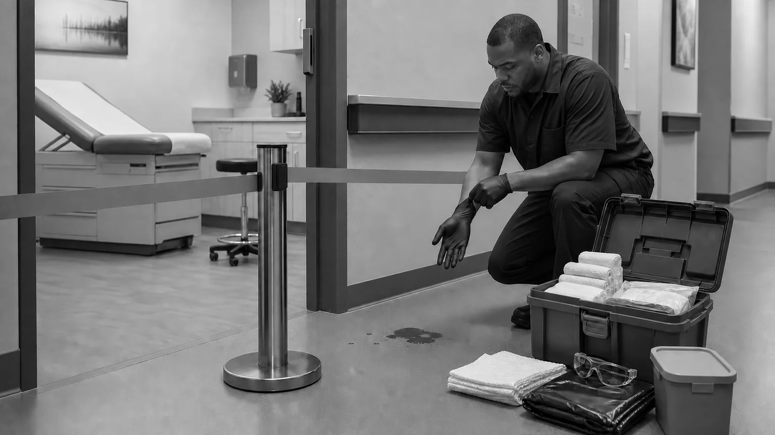 Trained cleaner preparing PPE and an organized spill-response kit beside an isolated clinic spill