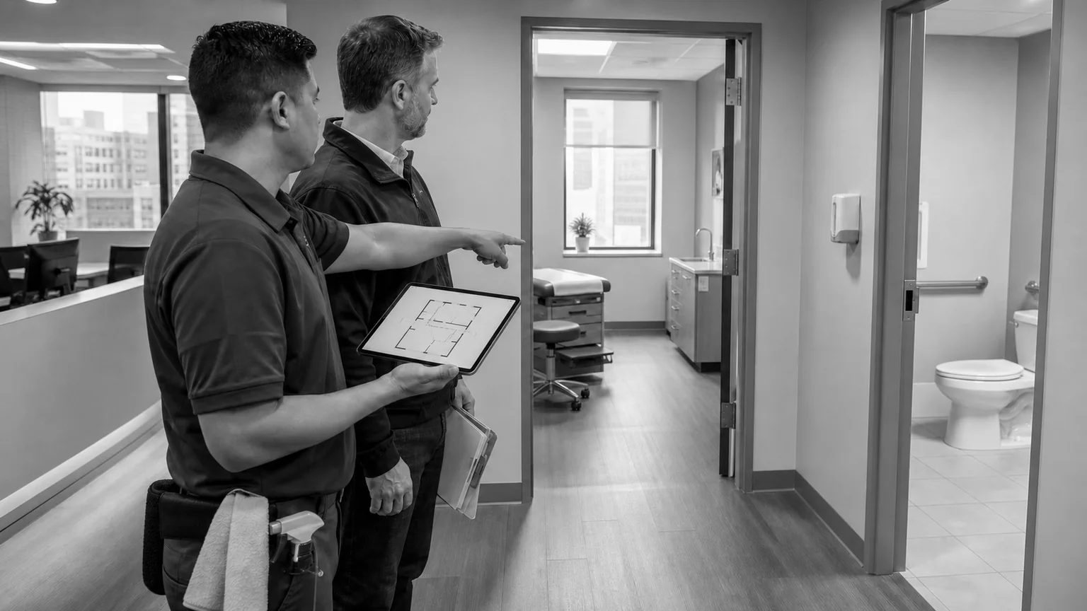 Cleaning supervisor and facility manager mapping a room-by-room medical cleaning schedule during a clinic walkthrough