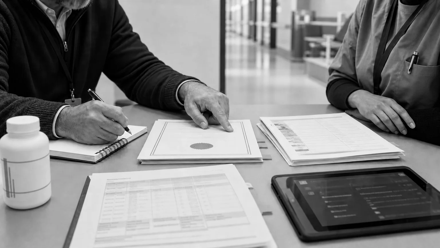Facility manager and cleaning supervisor reviewing certificates, product documents, and an inspection checklist